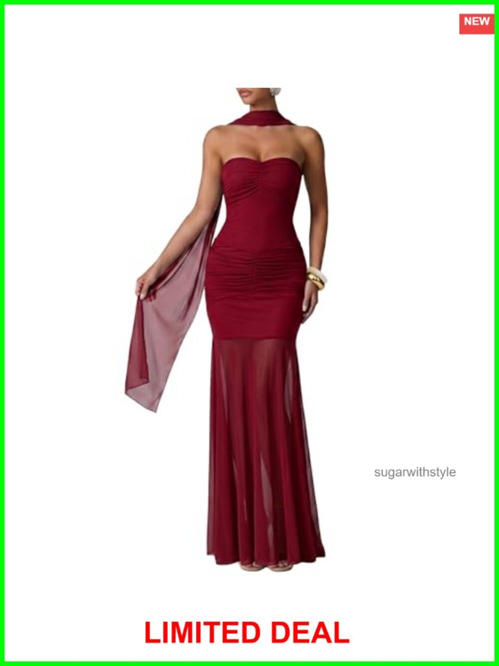 Ruched Bodycon Mermaid Maxi Dress with Attached Mesh Neck Scarf Formal